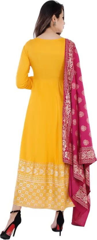 Rayon Blend Stitched Anarkali Gown (Yellow) - Adhi Shree Fashion