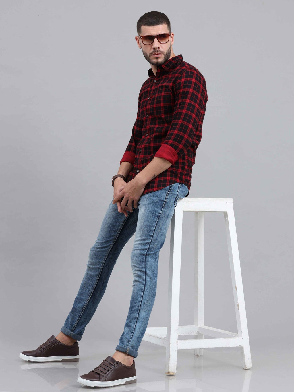 Men Regular Fit Checkered Cut Away Collar Casual Shirt - Adhi Shree Fashion