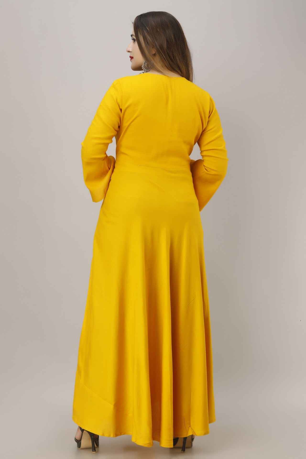 Solid Rayon Blend Stitched Anarkali Gown (Yellow) - Adhi Shree Fashion