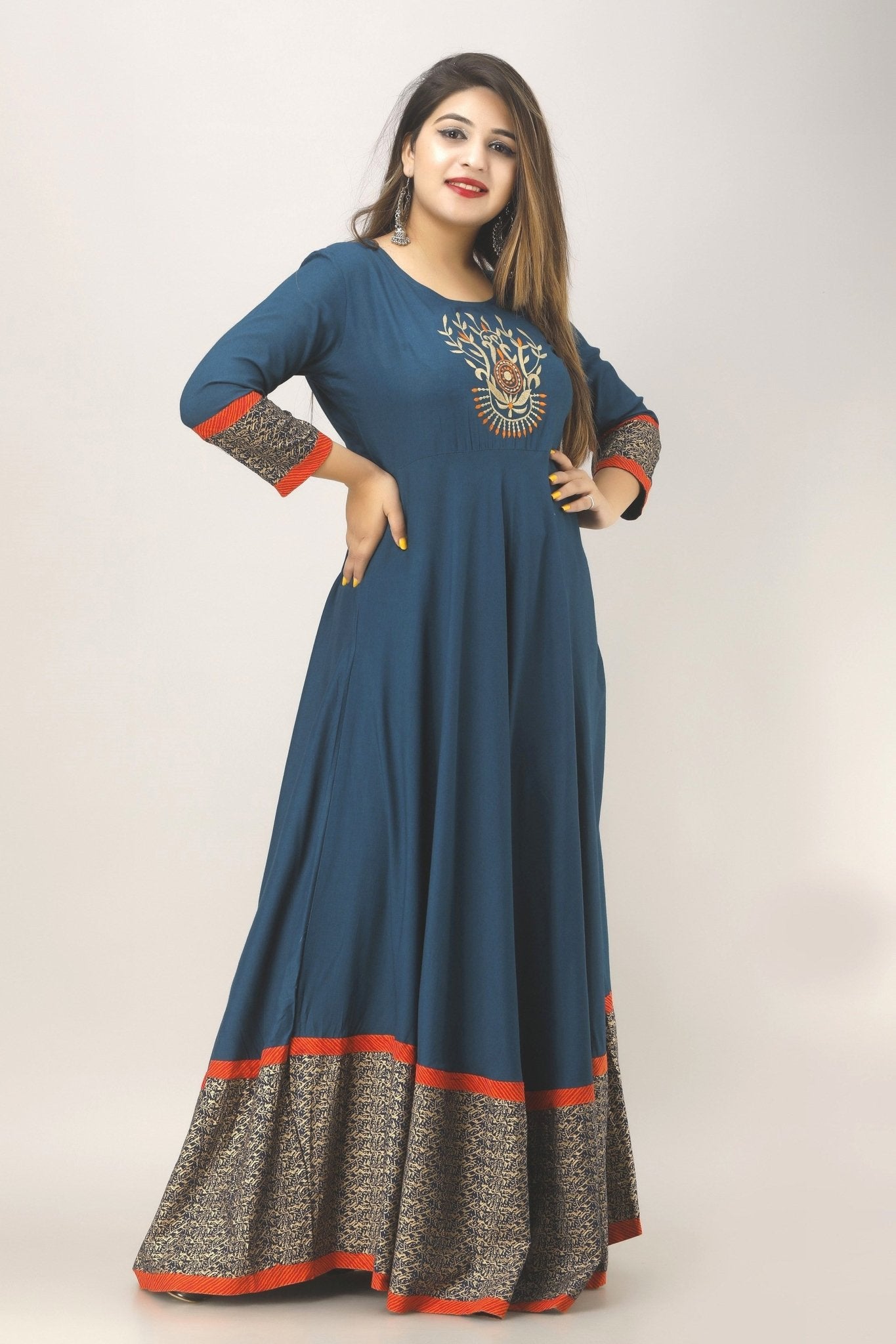 Gown For Women Embroidered Printed Anarkali Gown (Blue) - Adhi Shree Fashion
