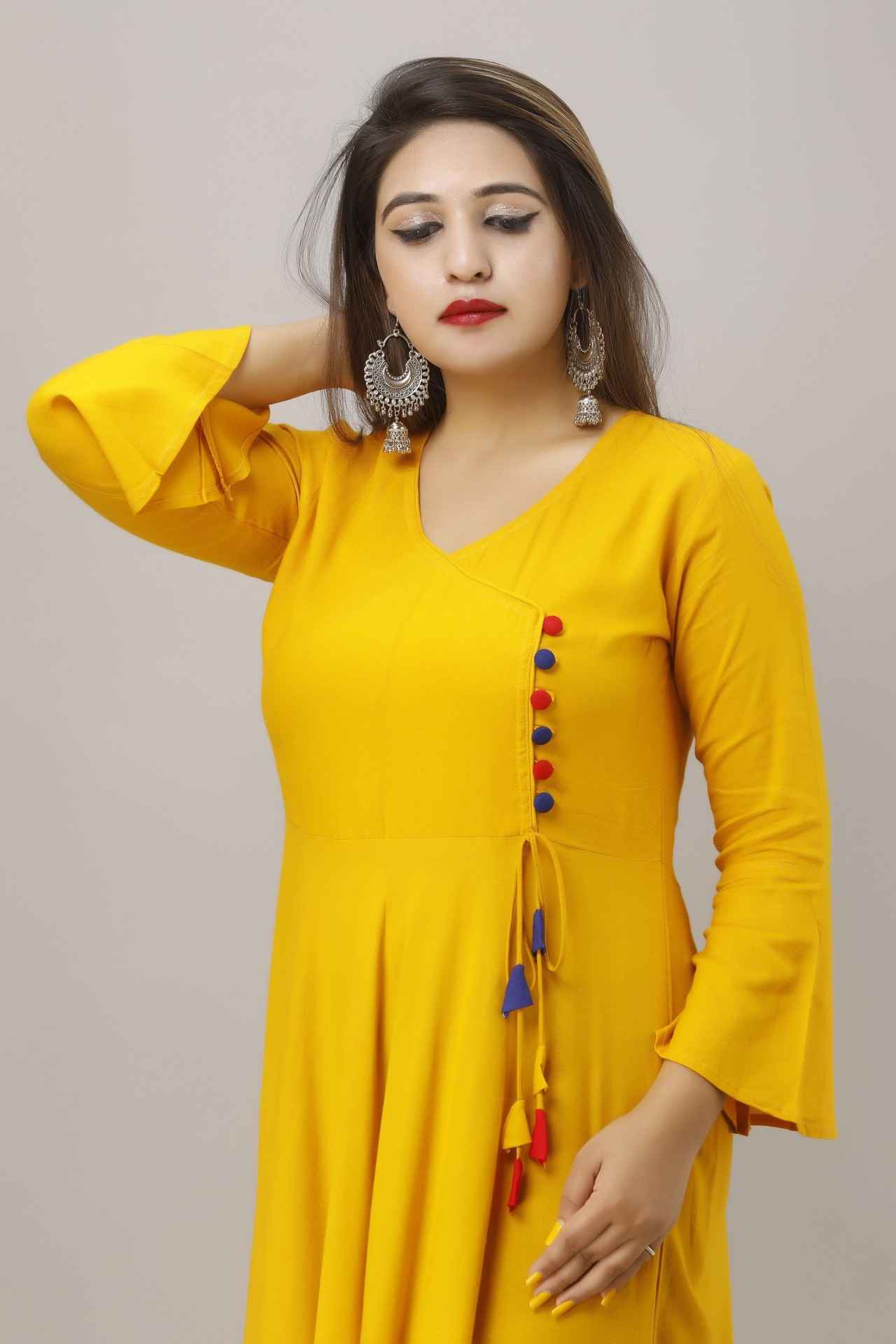 Solid Rayon Blend Stitched Anarkali Gown (Yellow) - Adhi Shree Fashion