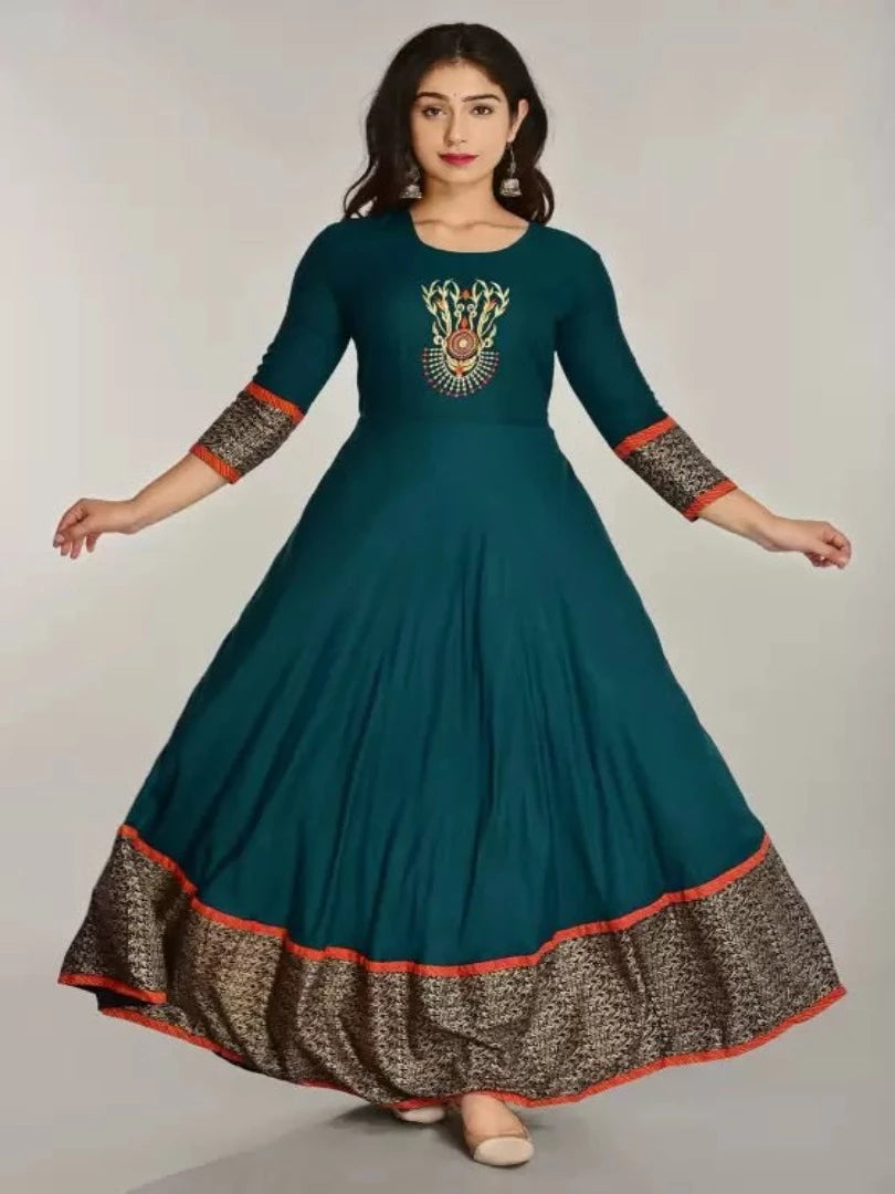 Rayon Blend Stitched Anarkali Gown (Dark Green) - Adhi Shree Fashion