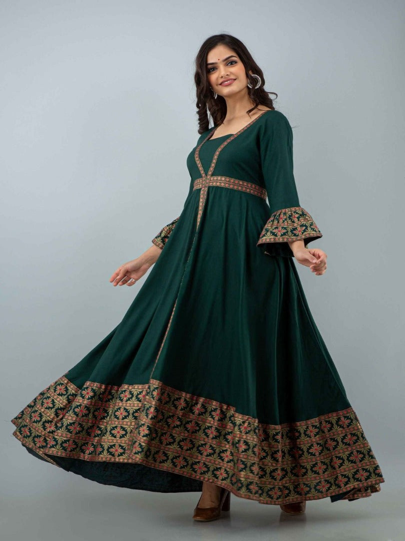 Women Printed Viscose Rayon Flared Kurta (Green) - Adhi Shree Fashion