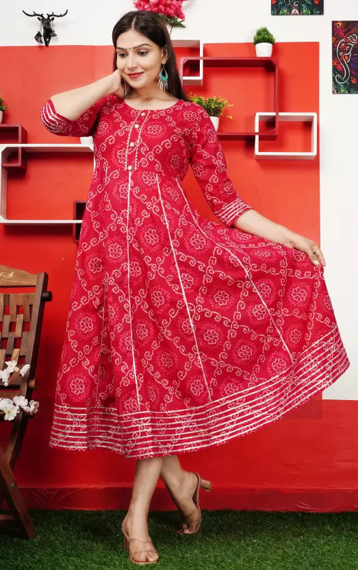 Women Bandhani Printed Dress (Red)