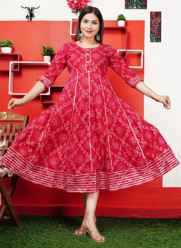 Women Bandhani Printed Dress (Red)