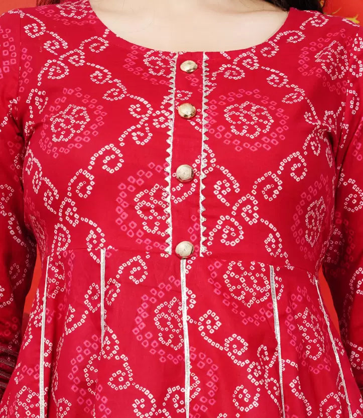 Women Bandhani Printed Dress (Red)